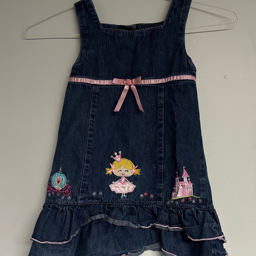 Girls Dark Denim Cinderella Princess Dress with Pink Trim
